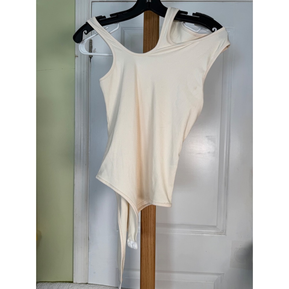 Cream Ribbed Asymmetrical One Shoulder Cutout Bodysuit Size Small